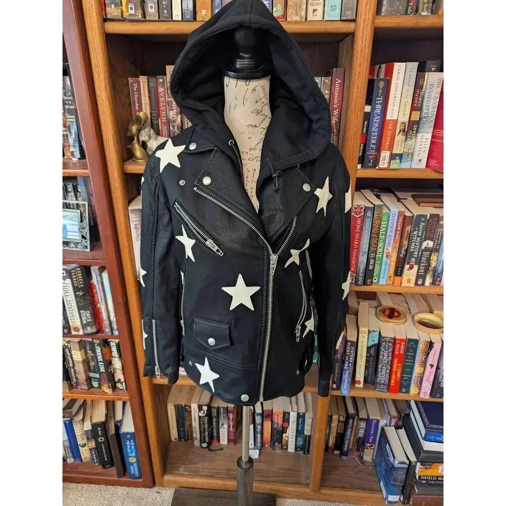 New Blank NYC Stars Vegan Leather Motorcycle Jacket Outerwear Hoodie In Black XS